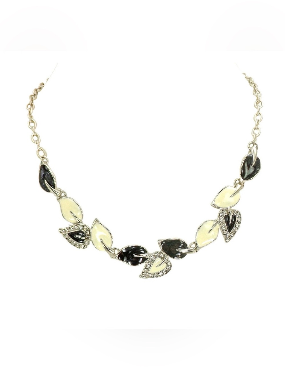 Black and white leaf necklace with clear crystals in a silver finish.  NEW